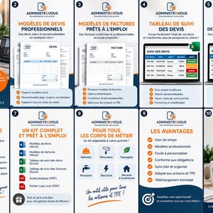 Peut inclure: Une infographie numérique en dix panneaux intitulée ADMINISTR&VOUS présentant un kit de gestion pour devis et facturation. Elle contient du texte, des icônes et des modèles de documents Excel pour artisans, soulignant le gain de temps et l'organisation.