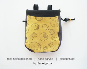 Yellow Rock holds Chalk Bag - pinch hold, crimp hold, hueco hold, jug hold