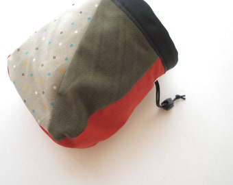 One of A kind polka dots Chalk Bag - patchwork with seaweed green and paprika orange fabric