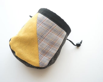 One of A kind plaid pattern Chalk Bag - patchwork with sunflower yellow and dark grey fabric