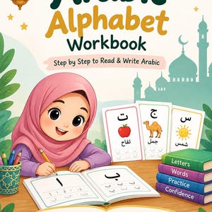 Può includere: Un quaderno di esercizi dell'alfabeto arabo per principianti con un'illustrazione a cartoni animati di un bambino che scrive su un libro. La copertina include il testo Learn, Practice, Grow, Arabic Alphabet Workbook, Step by Step to Read & Write Arabic.