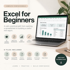 May include: A digital product bundle titled Excel for Beginners featuring a laptop displaying a sales overview spreadsheet. Includes 22 guided lessons, a practice workbook, real examples, a final project, and 6 files: Start Here Guide, Course PDF, Practice Workbook, Solutions Workbook, 50 Formula Exercises, and a Cheat Sheet.