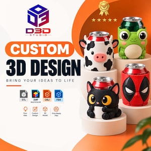 May include: Four 3D printed beverage can holders featuring a cow, a frog, a black cat, and a red masked character. The image includes the D3D STUDIO logo, the text CUSTOM 3D DESIGN, and icons for STL, 3MF, OBJ, and FBX file formats.