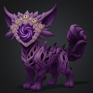 May include: A purple creature figurine with a fox-like silhouette, featuring a central swirling vortex face surrounded by a ring of multiple yellow eyes. The body is covered in intricate, organic, vein-like textures and has a bushy, curled tail.