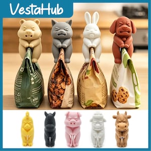 May include: A set of VestaHub bag clips shaped like various animals including a hamster, cat, rabbit, dog, chicken, horse, pig, sheep, and cow. Each clip features a character with a strained expression, designed to seal food bags securely.