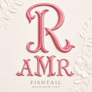 May include: A large, decorative, pink embroidered letter R positioned above the smaller letters AMR, all featuring a detailed, textured stitch pattern. Below the letters, the text reads FISHTAIL MONOGRAM FONT in a simple, dark grey typeface.