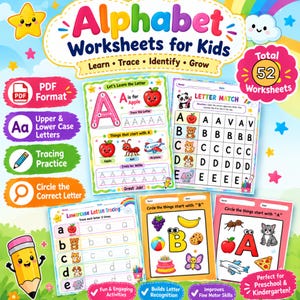 May include: A digital collection of 52 educational alphabet worksheets for children featuring tracing, letter matching, and identification activities. The colorful pages include illustrations of apples, ants, airplanes, and animals alongside uppercase and lowercase letters.