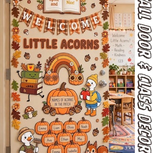 Puede incluir: Un conjunto de decoración para puerta de aula con motivos otoñales que incluye una pancarta con el texto WELCOME, un libro con el texto A Little Spice and Everything Nice, un arcoíris, calabazas, bellotas y dos patos con una ardilla.
