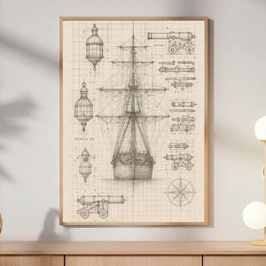 May include: A framed technical drawing on a grid background featuring a detailed sketch of a sailing ship in the centre, surrounded by illustrations of lanterns, various cannons, and a compass rose, all rendered in dark lines on a light beige paper.