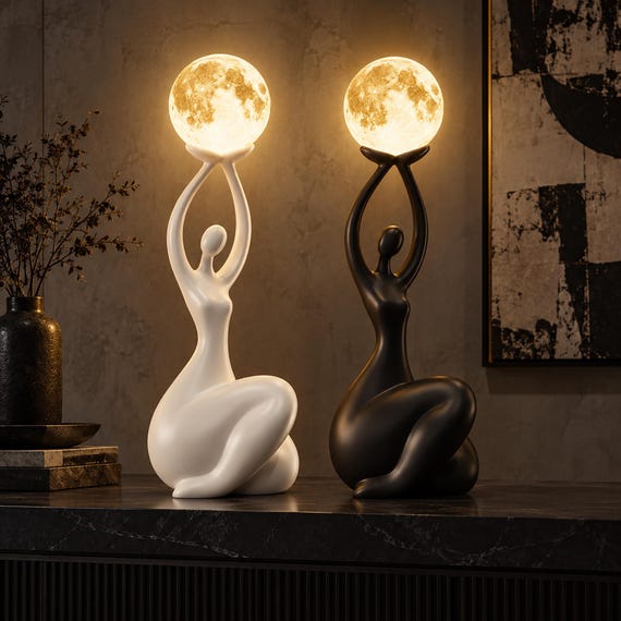 Modern Moon Sculpture Lamp, Abstract Figure Table Light, Textured Orb Lamp, Resin Art Decor, Warm Ambient Glow, Contempo