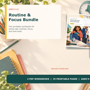 Puede incluir: Un paquete Routine & Focus con dos cuadernos de trabajo imprimibles para edades de 9 a 12 años. Incluye 35 páginas imprimibles para rutinas escolares, concentración y herramientas de tiempo, con portadas ilustradas en tonos oscuros.