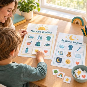 ADHDのお子様（5～8歳）向け視覚的ルーティンチャート｜朝と就寝時の印刷可能｜実行機能ツール
