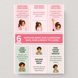 Può includere: Un poster per l'aula intitolato 6 WAYS WE MAKE OUR CLASSROOM SAFE, KIND & READY TO LEARN. Presenta sei sezioni con illustrazioni di bambini e testo che include READY EARS, READY MINDS, KIND WORDS, KIND HEARTS e EVERYONE GETS A TURN.