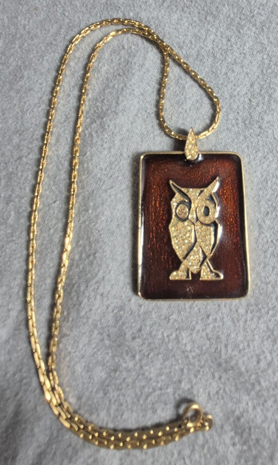 Vintage JOMAZ Owl Pendant Necklace 28 Inch Gold Tone Brown Rhinestone Signed
