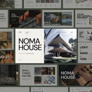 Peut inclure: Un panneau de présentation architecturale numérique pour Noma House, une résidence privée à Almaty, au Kazakhstan. La mise en page présente du texte noir en gras, une grande photo d'une maison moderne sur pilotis et des panneaux détaillés.