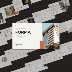 May include: A business proposal template titled FORMA featuring a modern architectural building photograph, a white background, and orange accents. The layout includes sections for company name, 2026, and various business proposal slides.