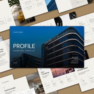 May include: A company profile presentation template featuring a blue gradient cover slide with a modern glass building, the text "PROFILE COMPANY PROFILE", "YOUR LOGO", "2026", and "BUILDING VALUE CREATING PROGRESS" layered over multiple other document pages.