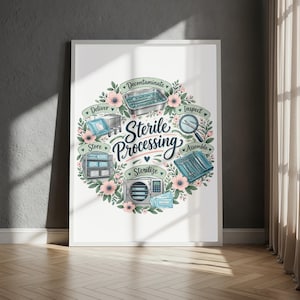 Puede incluir: Una lámina enmarcada con una corona floral que rodea el texto Sterile Processing. El diseño incluye ilustraciones de equipos médicos, una lupa y etiquetas para Decontaminate, Inspect, Assemble, Sterilize, Store y Deliver.