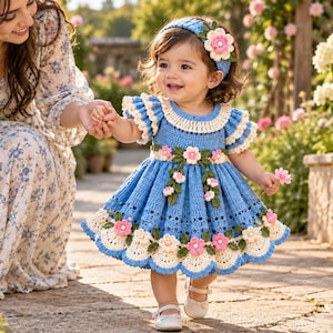 Könnte beinhalten: Ein blaues Häkelkleid mit cremefarbenem Bogenkanten-Saum, passendem Stirnband und dekorativen rosa-weißen Blumenapplikationen mit grünen Blättern. Das Kleid hat kurze Rüschenärmel und ein cremefarbenes Häkelkragendetail.