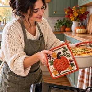 May include: A square crochet potholder featuring a textured orange pumpkin in the centre, surrounded by embroidered autumn leaves, berries, and green vines. The potholder has a white background with a dark green border and a small hanging loop.
