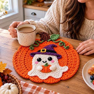 May include: A round orange crochet mat featuring a central white ghost wearing a purple witch hat with a yellow buckle, holding a small orange pumpkin. The mat has a dark brown stem and green curly vines at the top, with a textured stitch pattern.