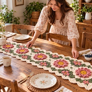 Pode incluir: Um caminho de mesa de crochê longo e retangular com um padrão floral repetitivo. O design consiste em grandes flores texturizadas rosa e amarelas cercadas por folhas verde-escuras, sobre um fundo de cor creme esbranquiçado.