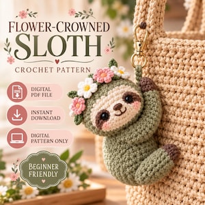 Patrón de ganchillo para llavero de perezoso, patrón de amigurumi de perezoso con corona de flores, PDF de ganchillo para llavero de perezoso para principiantes