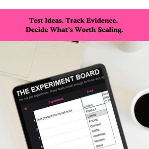 Op de afbeelding: Een digitale download getiteld THE EXPERIMENT BOARD met een tabel met kolommen voor ID, Experiment en Area. De tekst luidt: Test Ideas. Track Evidence. Decide What's Worth Scaling. Het bord wordt weergegeven op een tabletscherm.