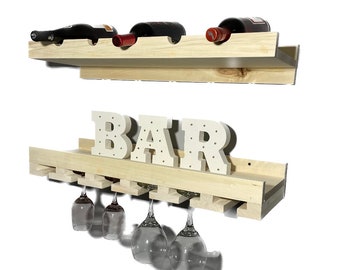 30" Urban Rustic Reclaimed Wall Mounted Wine Bottle and Glass Rack Shelf Shelves 9 1/2"Dx4"T