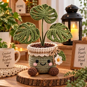 May include: A crocheted monstera plant in a sage green pot with a smiling face, pink cheeks, and two brown feet. The plant has three large, textured green leaves. A small white flower with a yellow center is tied to the pot with twine.