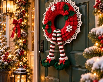 May include: A crocheted Christmas wreath featuring a red textured ring, a white lace border, green holly leaves, red berries, and white snowflakes. Two long, striped legs in red, white, and green extend downward, ending in green curled elf shoes.