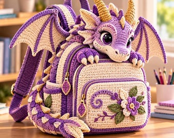 May include: A purple and cream crochet backpack featuring a three-dimensional dragon head with gold horns, large wings, and a tail. The front pocket is decorated with a crocheted floral applique in purple, white, and green, with gold zippers.