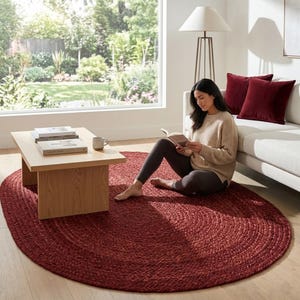 Handmade Burgundy Braided Jute Rug, Oval Area Rug, Boho Rustic Home Decor, Natural Fiber Floor Rug, Custom Size Rug
