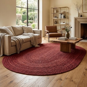 Handmade Burgundy Braided Jute Rug, Oval Area Rug, Boho Rustic Home Decor, Natural Fiber Floor Rug, Custom Size Rug