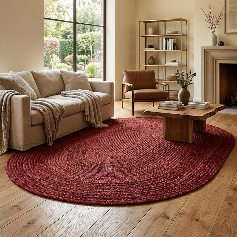 Handmade Burgundy Braided Jute Rug, Oval Area Rug, Boho Rustic Home Decor, Natural Fiber Floor Rug, Custom Size Rug