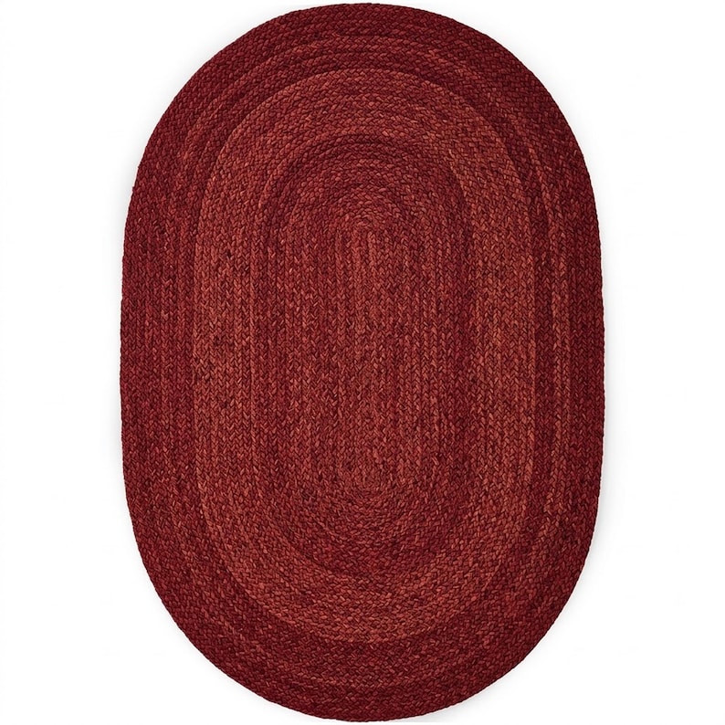 Handmade Burgundy Braided Jute Rug, Oval Area Rug, Boho Rustic Home Decor, Natural Fiber Floor Rug, Custom Size Rug