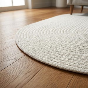 Könnte beinhalten: Ein ovaler Teppich aus dickem, geflochtenem cremeweißem Seil. Der Teppich weist ein durchgehendes, konzentrisches Muster aus eng gewebten Fasern auf, die eine texturierte, gerippte Oberfläche über den gesamten Bodenbelag erzeugen.