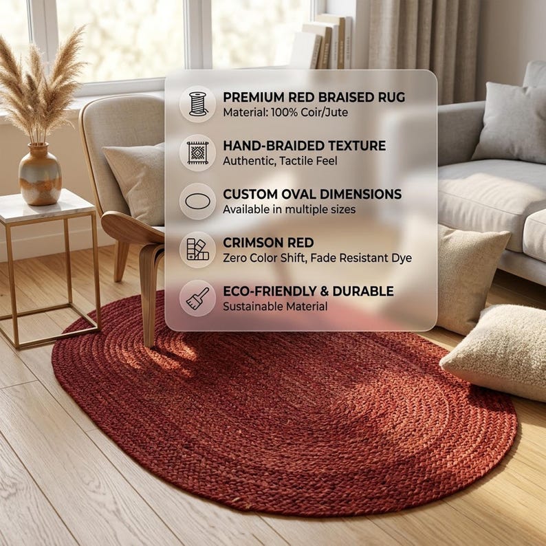 Handmade Burgundy Braided Jute Rug, Oval Area Rug, Boho Rustic Home Decor, Natural Fiber Floor Rug, Custom Size Rug