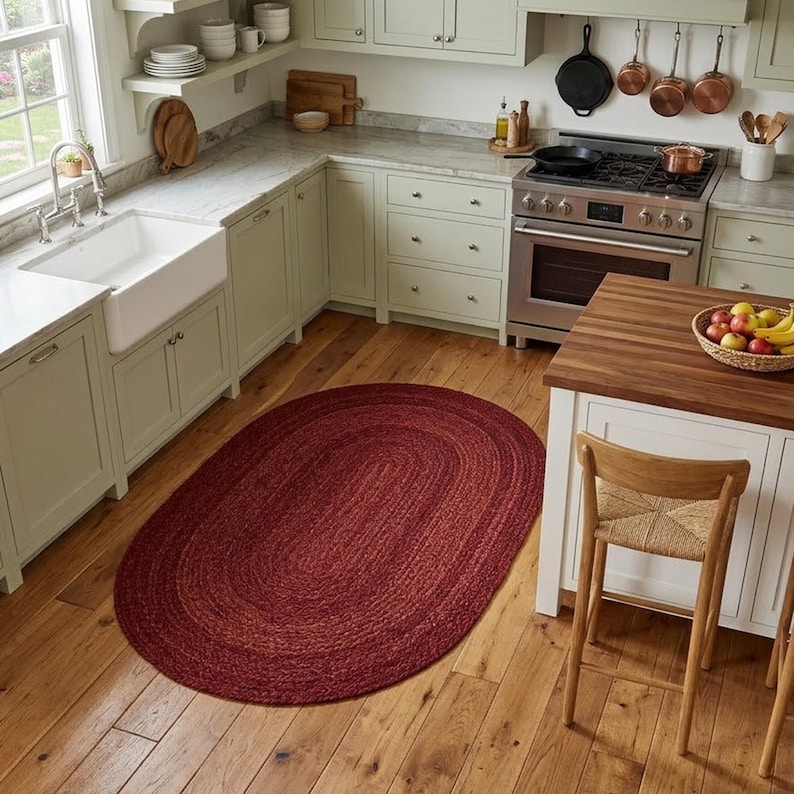 Handmade Burgundy Braided Jute Rug, Oval Area Rug, Boho Rustic Home Decor, Natural Fiber Floor Rug, Custom Size Rug