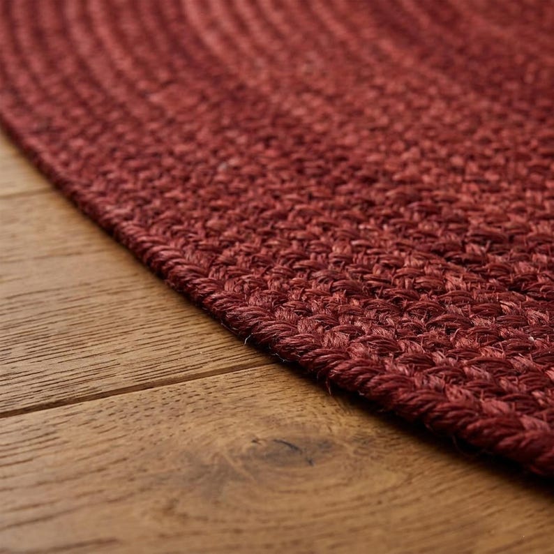 Handmade Burgundy Braided Jute Rug, Oval Area Rug, Boho Rustic Home Decor, Natural Fiber Floor Rug, Custom Size Rug