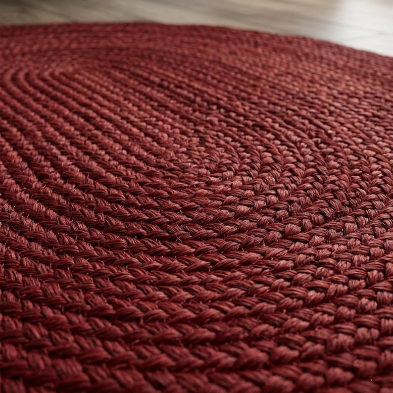 Handmade Burgundy Braided Jute Rug, Oval Area Rug, Boho Rustic Home Decor, Natural Fiber Floor Rug, Custom Size Rug