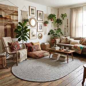 Könnte beinhalten: Ein Wohnzimmer mit einem großen ovalen grauen geflochtenen Teppich auf einem Holzboden, einem Rattansessel mit gemustertem Kissen, einem Bodenkissen, einem Couchtisch aus Holz mit gestapelten Büchern, einem Sofa mit verschiedenen Kissen und hängenden Pflanzen.
