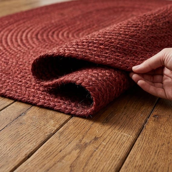 Handmade Burgundy Braided Jute Rug, Oval Boho Rustic Floor Decor (Custom Size)