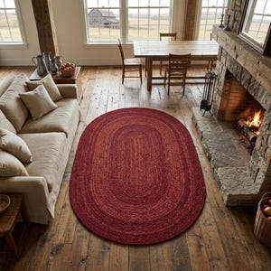 Handmade Burgundy Braided Jute Rug, Oval Area Rug, Boho Rustic Home Decor, Natural Fiber Floor Rug, Custom Size Rug