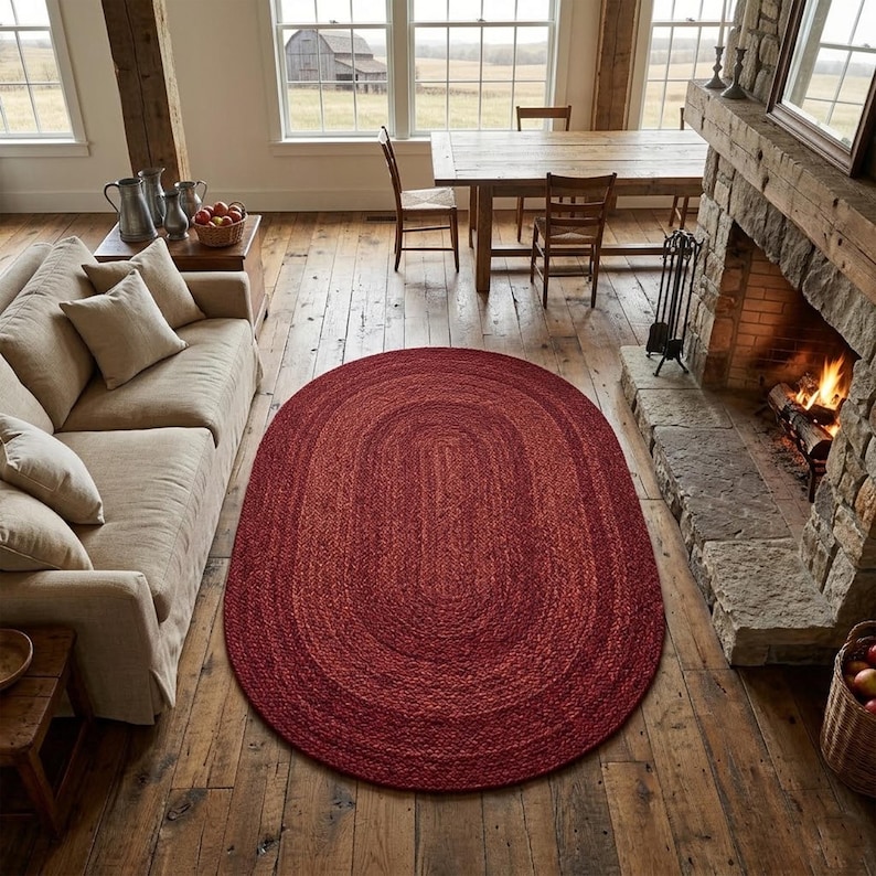Handmade Burgundy Braided Jute Rug, Oval Area Rug, Boho Rustic Home Decor, Natural Fiber Floor Rug, Custom Size Rug