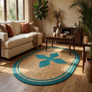 Könnte beinhalten: Ein ovaler Jute-Teppich mit einer natürlichen, beigen Webstruktur, einer kräftigen türkisfarbenen Umrandung und einem zentralen, vierblättrigen Blumenmotiv in derselben Farbe, flach ausgelegt auf einem Holzboden.
