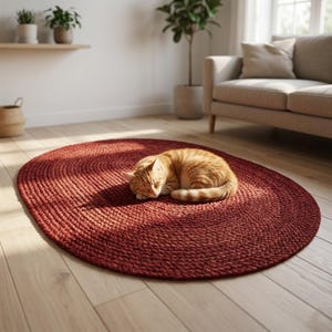 Handmade Burgundy Braided Jute Rug, Oval Area Rug, Boho Rustic Home Decor, Natural Fiber Floor Rug, Custom Size Rug