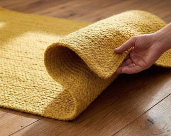 Tappeto in juta giallo senape fatto a mano, tappeto intrecciato con texture, arredamento boho per la casa.