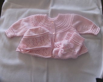 Free Shipping Coming Home Baby Girl Pink Hand knitted Sweater, Bonnet and Bootie Set