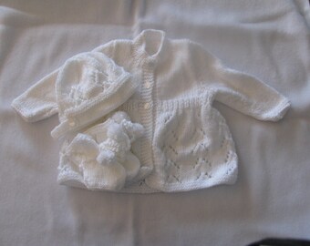 Baby Girl Take Home Hand Knitted Three Piece Sweater, Bonnet and Bootie Set